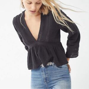 Urban Outfitters Black Peplum Blouse V Neck Lace Detail Long Sleeve Eyelet